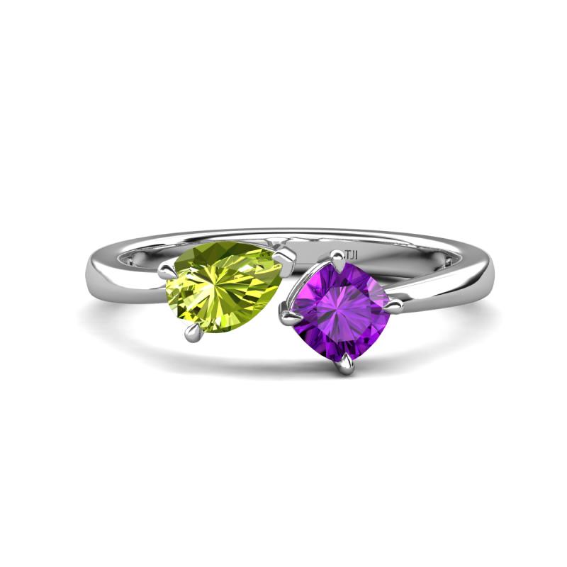Lysha 1.30 ctw Peridot Pear Shape (7x5 mm) & Amethyst Cushion Shape (5.00 mm) Toi Et Moi Engagement Ring 