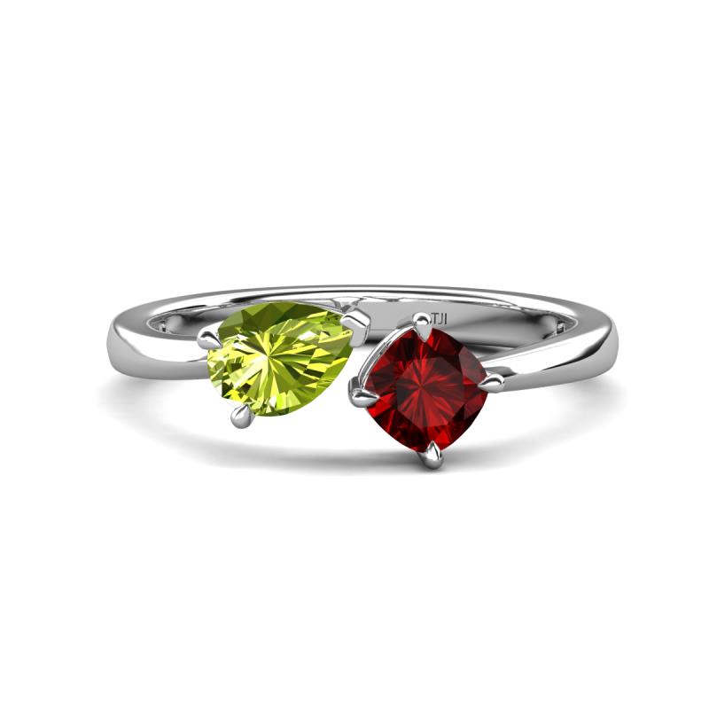 Lysha 1.55 ctw Peridot Pear Shape (7x5 mm) & Red Garnet Cushion Shape (5.00 mm) Toi Et Moi Engagement Ring 