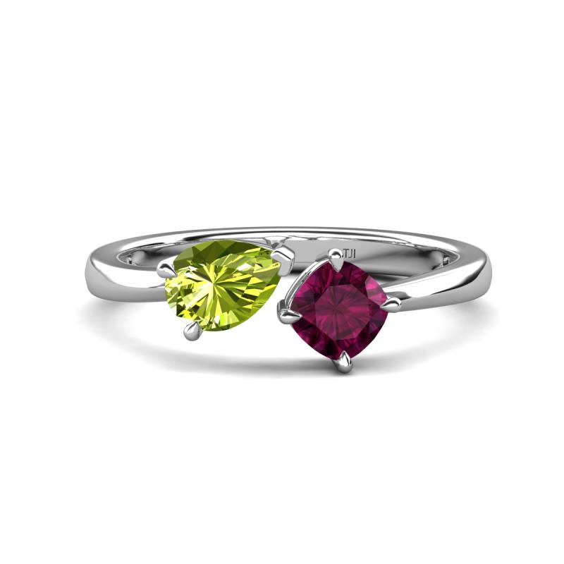 Lysha 1.42 ctw Peridot Pear Shape (7x5 mm) & Rhodolite Garnet Cushion Shape (5.00 mm) Toi Et Moi Engagement Ring 