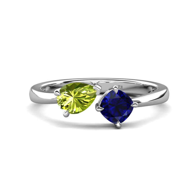 Lysha 1.61 ctw Peridot Pear Shape (7x5 mm) & Lab Created Blue Sapphire Cushion Shape (5.00 mm) Toi Et Moi Engagement Ring 