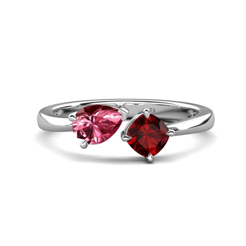 Lysha 1.45 ctw Pink Tourmaline Pear Shape (7x5 mm) & Red Garnet Cushion Shape (5.00 mm) Toi Et Moi Engagement Ring 