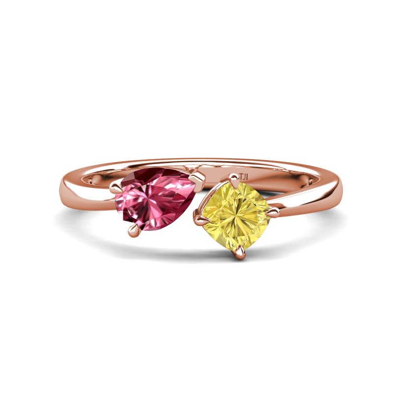 Lysha 1.51 ctw Pink Tourmaline Pear Shape (7x5 mm) & Lab Created Yellow Sapphire Cushion Shape (5.00 mm) Toi Et Moi Engagement Ring 