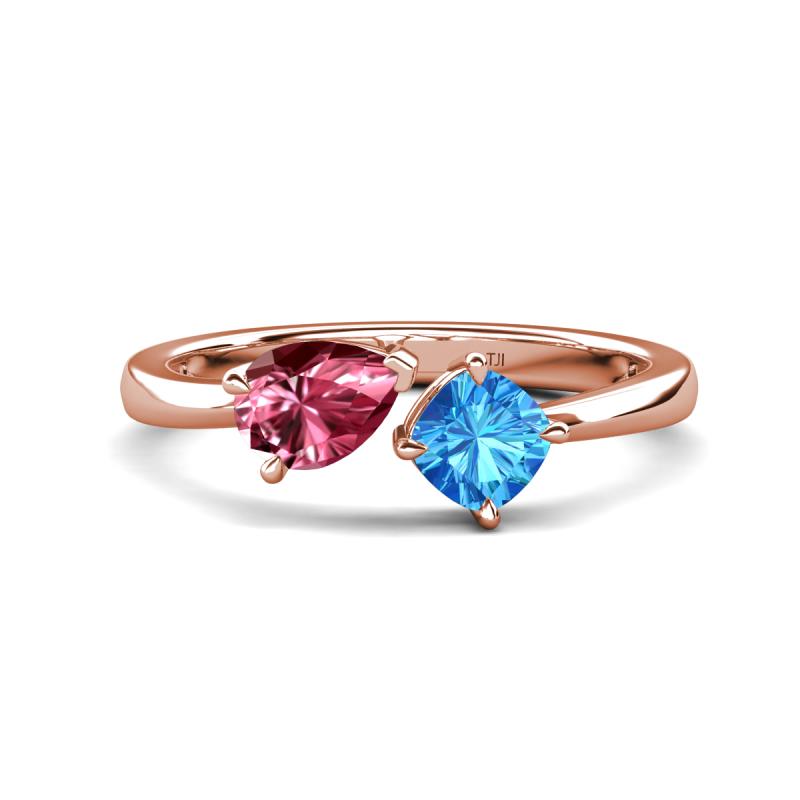 Lysha 1.45 ctw Pink Tourmaline Pear Shape (7x5 mm) & Blue Topaz Cushion Shape (5.00 mm) Toi Et Moi Engagement Ring 
