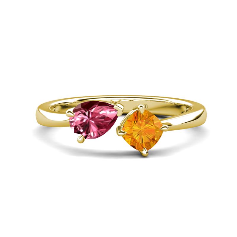 Lysha 1.20 ctw Pink Tourmaline Pear Shape (7x5 mm) & Citrine Cushion Shape (5.00 mm) Toi Et Moi Engagement Ring 