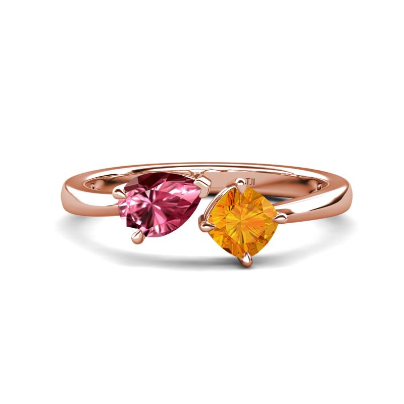Lysha 1.20 ctw Pink Tourmaline Pear Shape (7x5 mm) & Citrine Cushion Shape (5.00 mm) Toi Et Moi Engagement Ring 