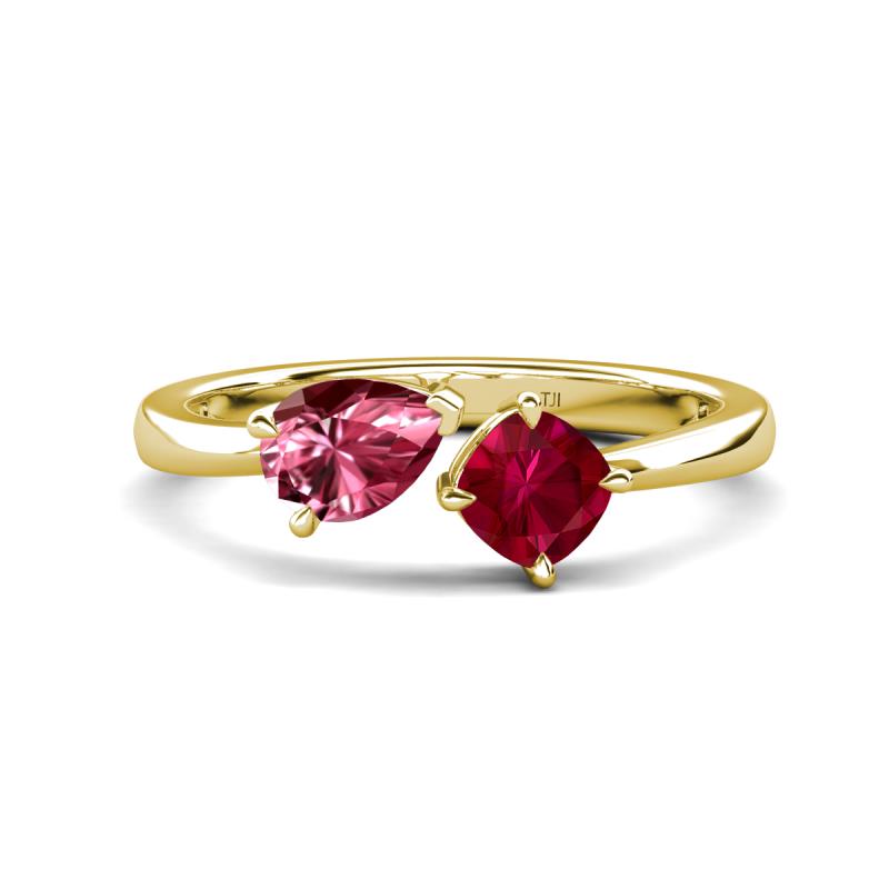 Lysha 1.51 ctw Pink Tourmaline Pear Shape (7x5 mm) & Lab Created Ruby Cushion Shape (5.00 mm) Toi Et Moi Engagement Ring 