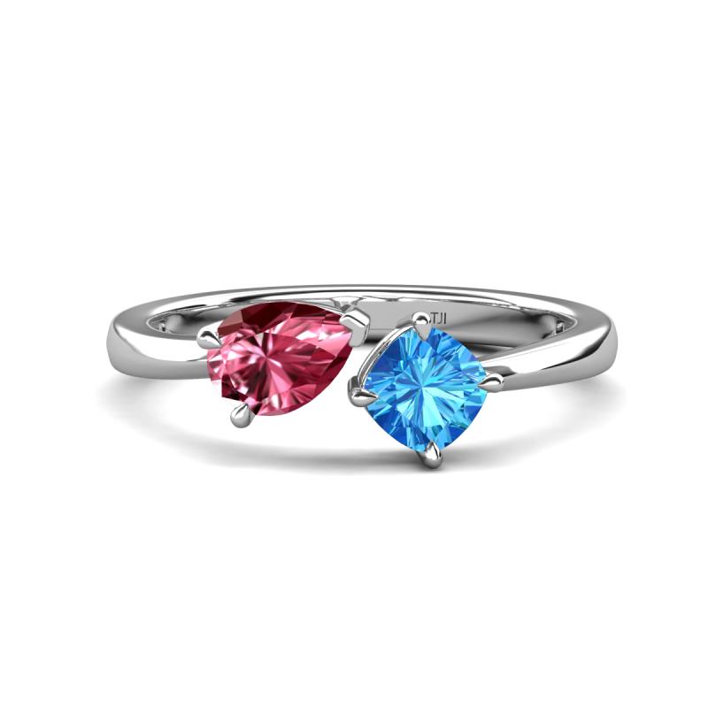 Lysha 1.45 ctw Pink Tourmaline Pear Shape (7x5 mm) & Blue Topaz Cushion Shape (5.00 mm) Toi Et Moi Engagement Ring 