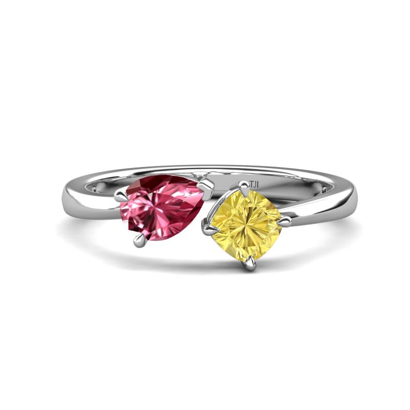 Lysha 1.51 ctw Pink Tourmaline Pear Shape (7x5 mm) & Lab Created Yellow Sapphire Cushion Shape (5.00 mm) Toi Et Moi Engagement Ring 