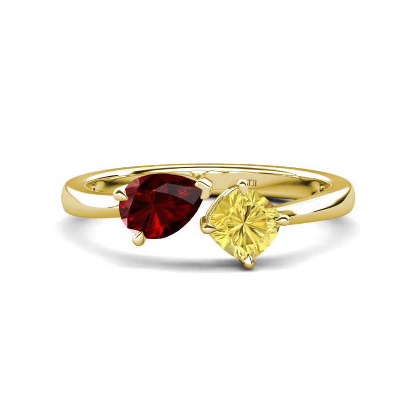 Lysha 1.71 ctw Red Garnet Pear Shape (7x5 mm) & Lab Created Yellow Sapphire Cushion Shape (5.00 mm) Toi Et Moi Engagement Ring 