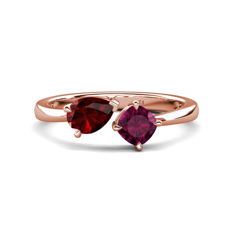 Lysha 1.52 ctw Red Garnet Pear Shape (7x5 mm) & Rhodolite Garnet Cushion Shape (5.00 mm) Toi Et Moi Engagement Ring 
