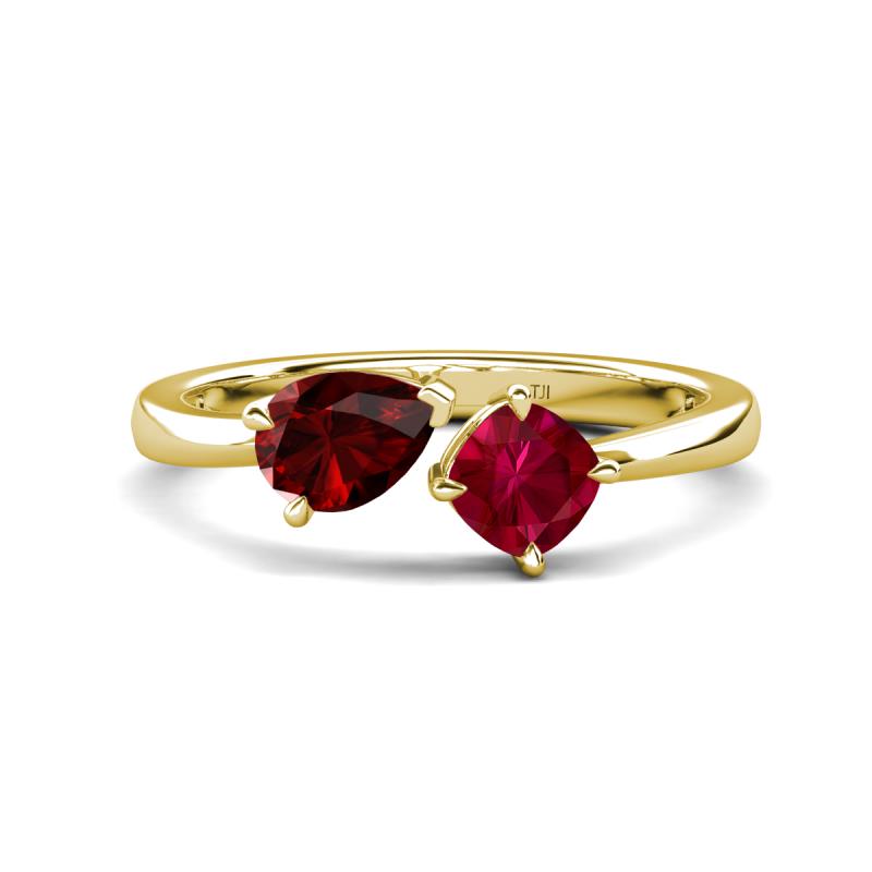 Lysha 1.71 ctw Red Garnet Pear Shape (7x5 mm) & Lab Created Ruby Cushion Shape (5.00 mm) Toi Et Moi Engagement Ring 