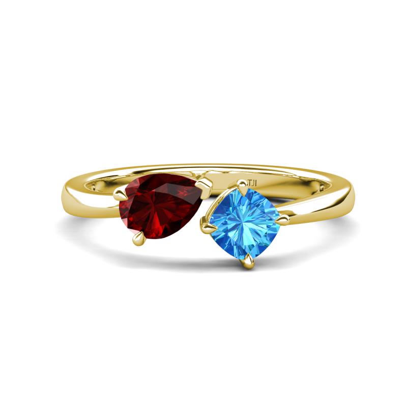 Lysha 1.65 ctw Red Garnet Pear Shape (7x5 mm) & Blue Topaz Cushion Shape (5.00 mm) Toi Et Moi Engagement Ring 