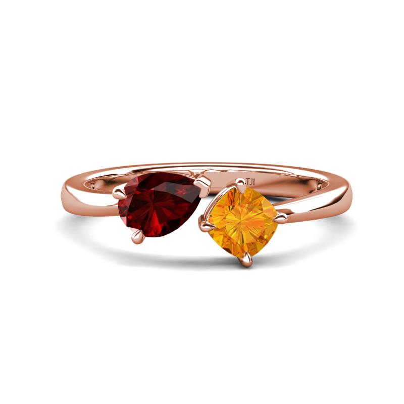 Lysha 1.40 ctw Red Garnet Pear Shape (7x5 mm) & Citrine Cushion Shape (5.00 mm) Toi Et Moi Engagement Ring 
