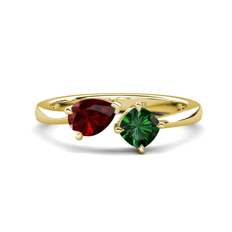 Lysha 1.45 ctw Red Garnet Pear Shape (7x5 mm) & Lab Created Emerald Cushion Shape (5.00 mm) Toi Et Moi Engagement Ring 