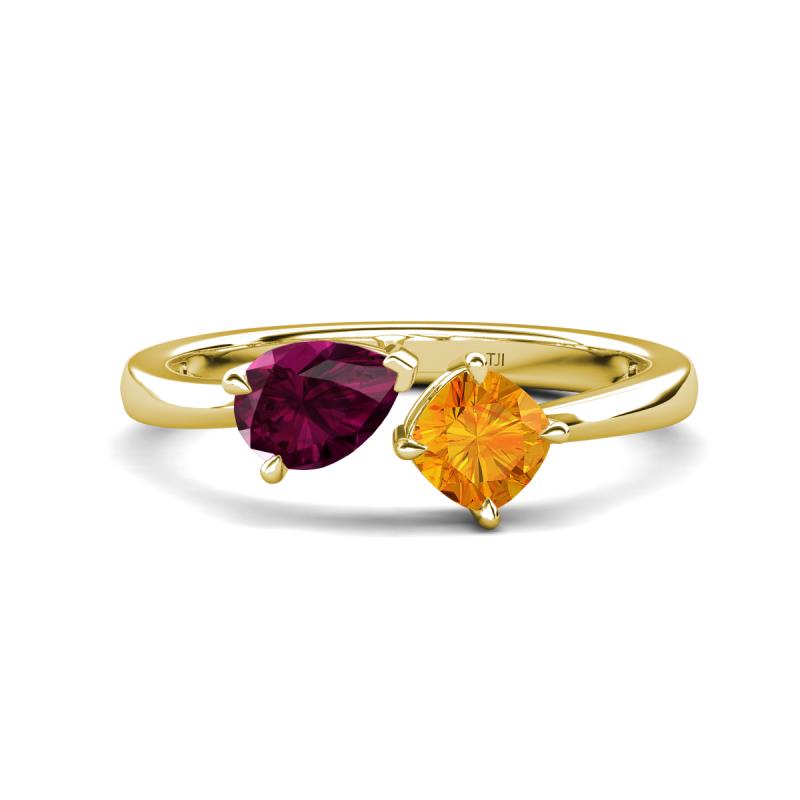 Lysha 1.40 ctw Rhodolite Garnet Pear Shape (7x5 mm) & Citrine Cushion Shape (5.00 mm) Toi Et Moi Engagement Ring 