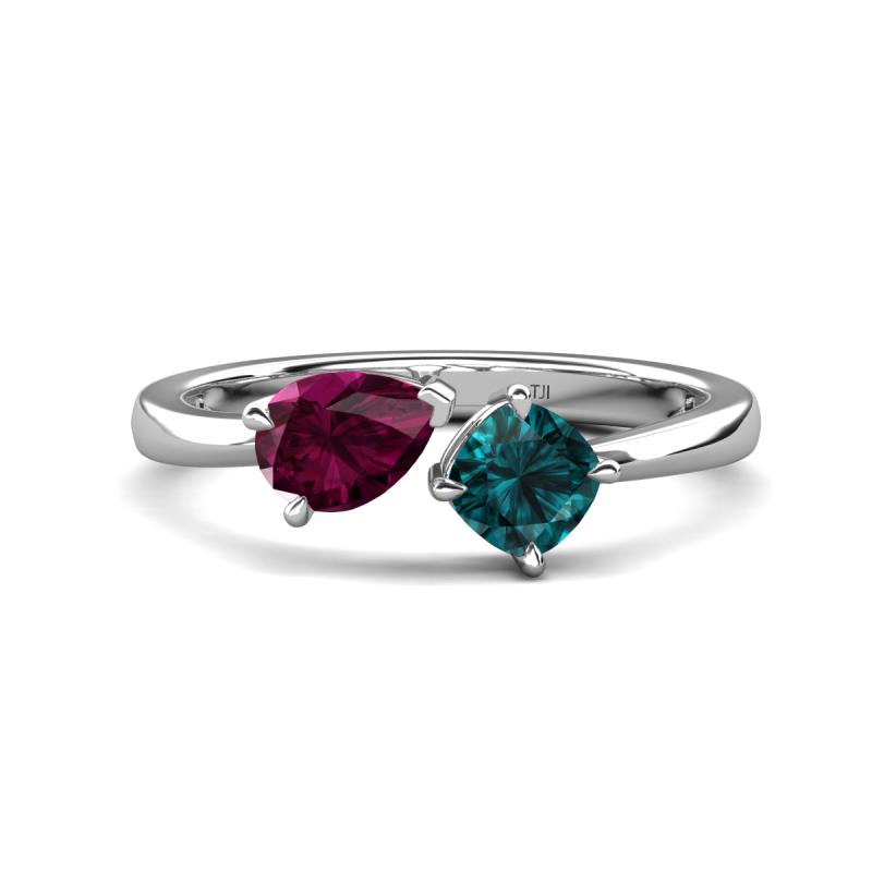 Lysha 1.65 ctw Rhodolite Garnet Pear Shape (7x5 mm) & London Blue Topaz Cushion Shape (5.00 mm) Toi Et Moi Engagement Ring 
