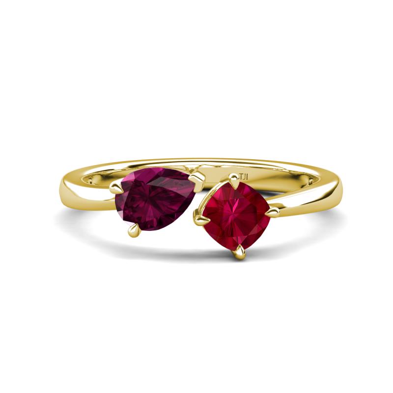 Lysha 1.71 ctw Rhodolite Garnet Pear Shape (7x5 mm) & Lab Created Ruby Cushion Shape (5.00 mm) Toi Et Moi Engagement Ring 