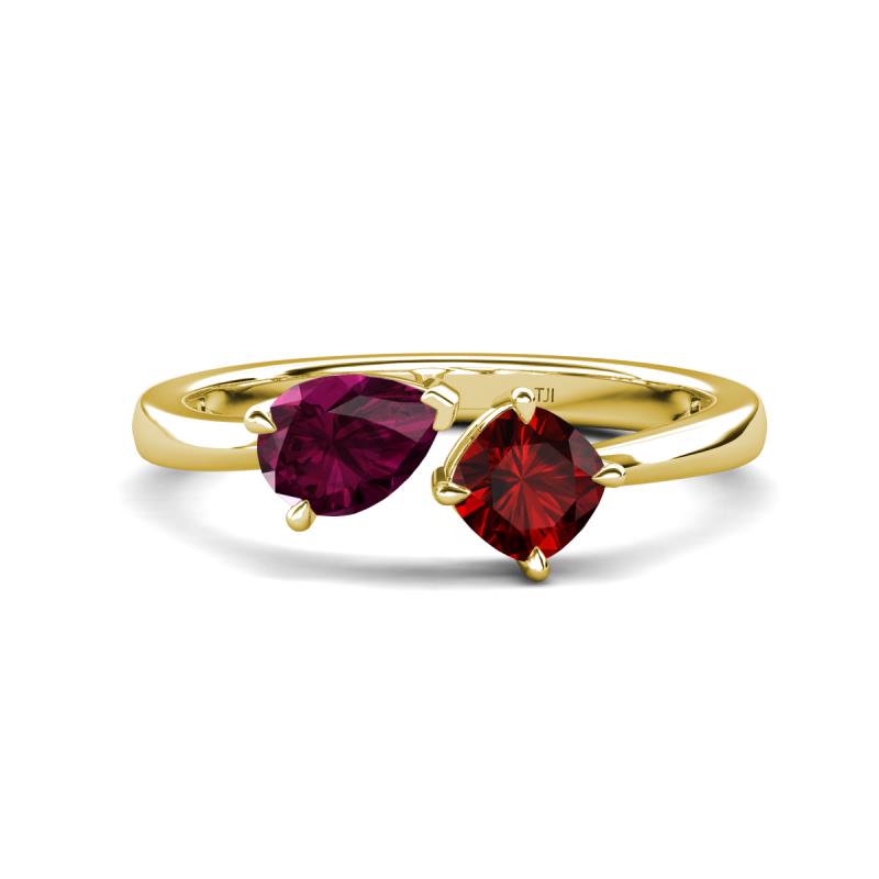 Lysha 1.65 ctw Rhodolite Garnet Pear Shape (7x5 mm) & Red Garnet Cushion Shape (5.00 mm) Toi Et Moi Engagement Ring 