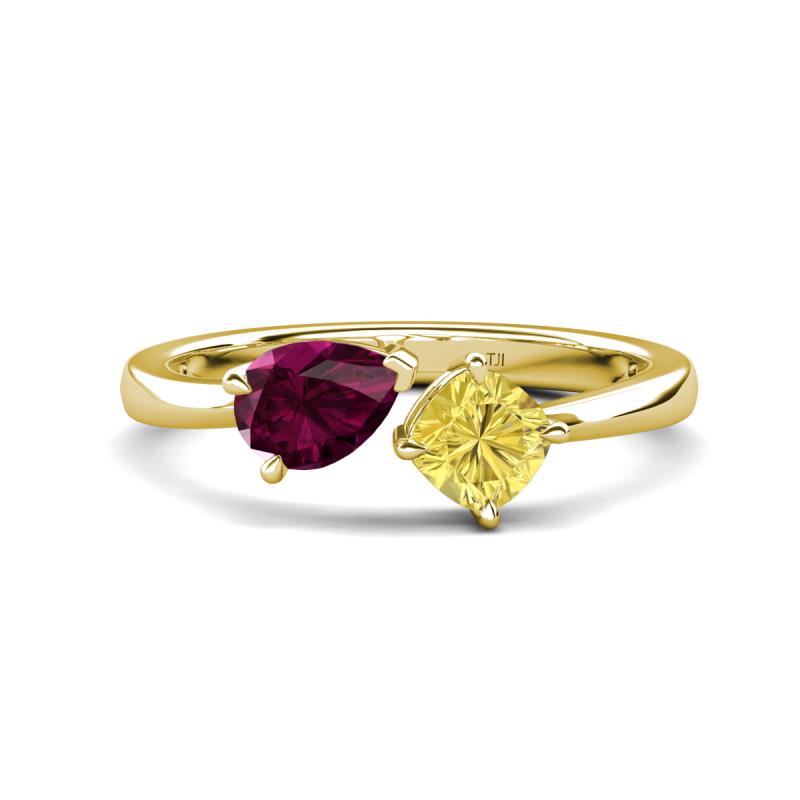 Lysha 1.71 ctw Rhodolite Garnet Pear Shape (7x5 mm) & Lab Created Yellow Sapphire Cushion Shape (5.00 mm) Toi Et Moi Engagement Ring 