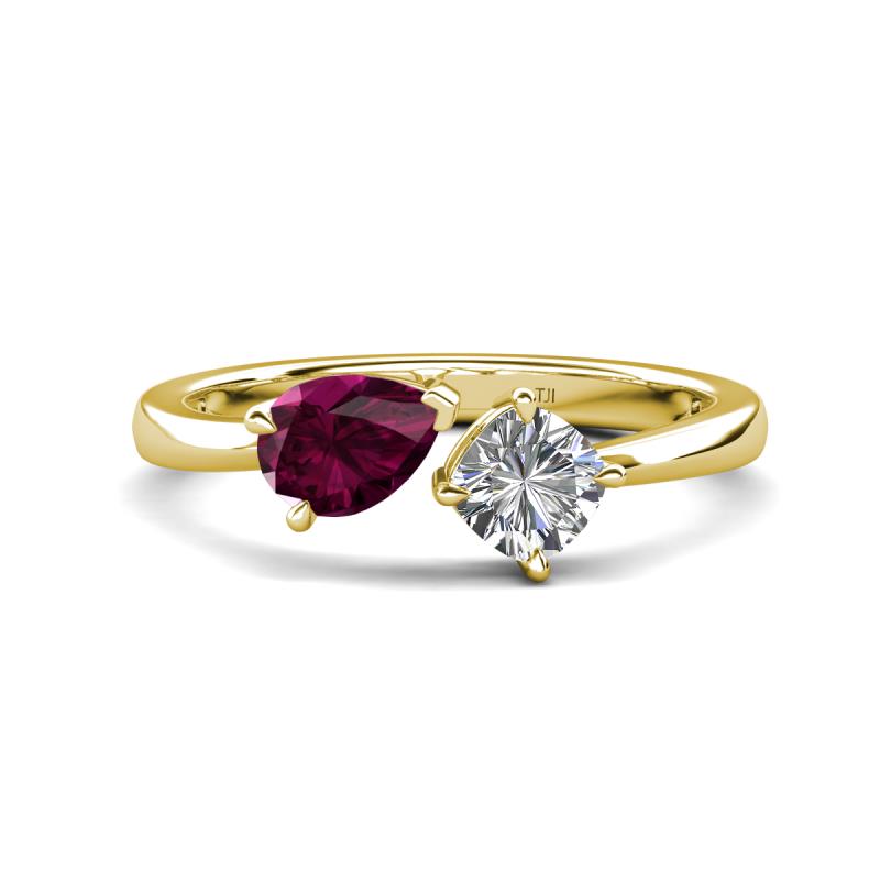 Lysha 1.40 ctw Rhodolite Garnet Pear Shape (7x5 mm) & Natural Diamond Cushion Shape (5.00 mm) Toi Et Moi Engagement Ring 
