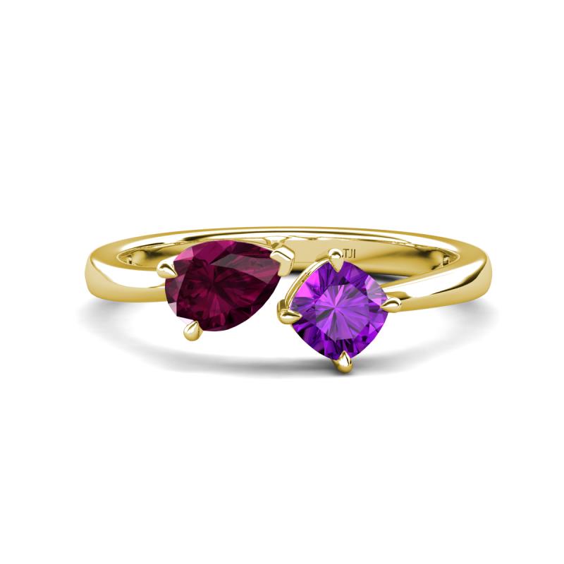 Lysha 1.40 ctw Rhodolite Garnet Pear Shape (7x5 mm) & Amethyst Cushion Shape (5.00 mm) Toi Et Moi Engagement Ring 