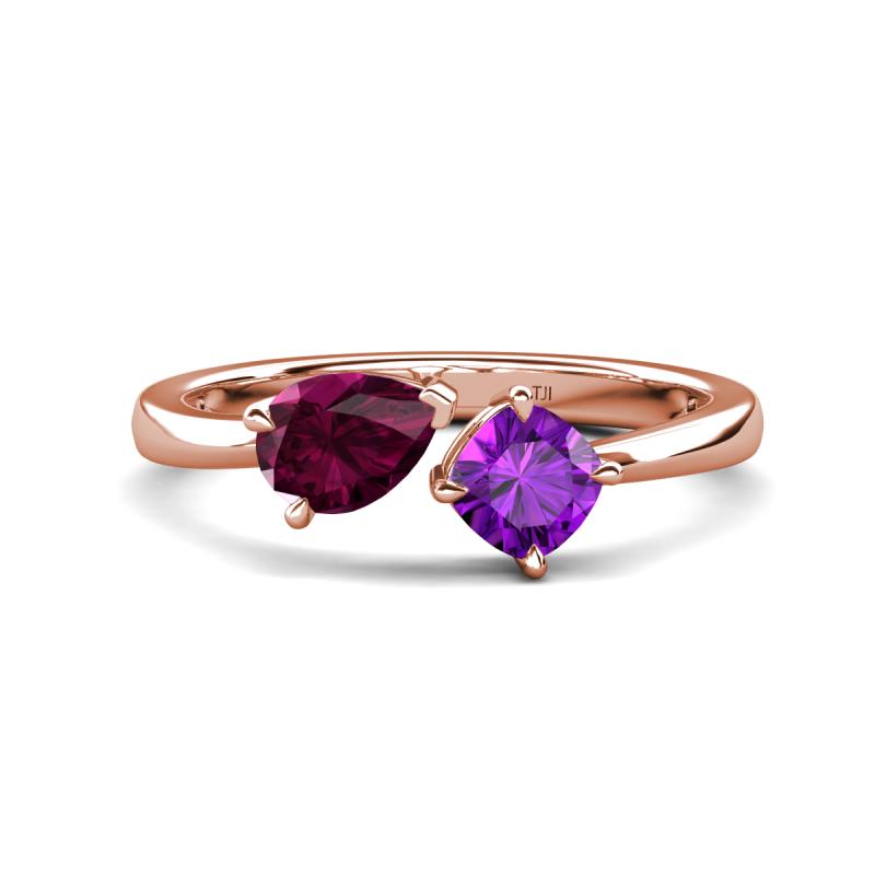Lysha 1.40 ctw Rhodolite Garnet Pear Shape (7x5 mm) & Amethyst Cushion Shape (5.00 mm) Toi Et Moi Engagement Ring 
