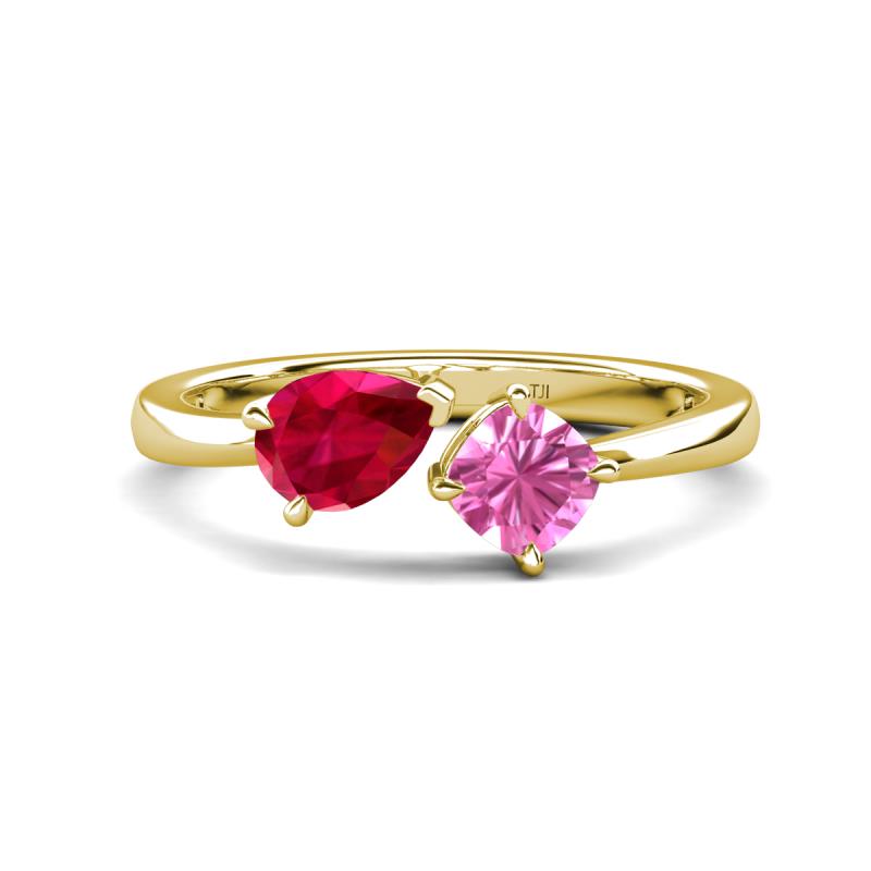 Lysha 1.76 ctw Ruby Pear Shape (7x5 mm) & Lab Created Pink Sapphire Cushion Shape (5.00 mm) Toi Et Moi Engagement Ring 