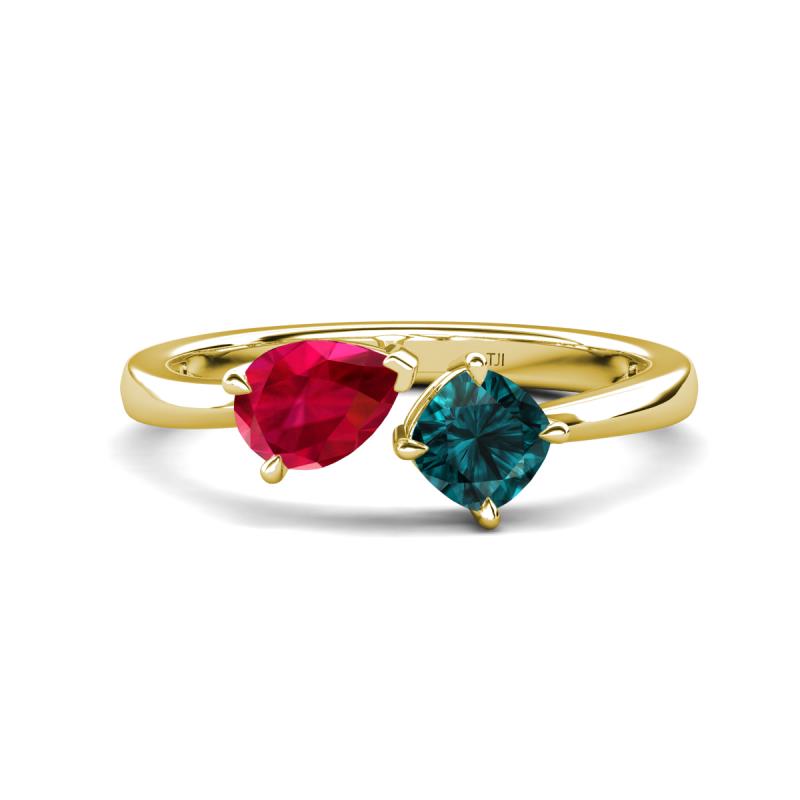 Lysha 1.70 ctw Ruby Pear Shape (7x5 mm) & London Blue Topaz Cushion Shape (5.00 mm) Toi Et Moi Engagement Ring 