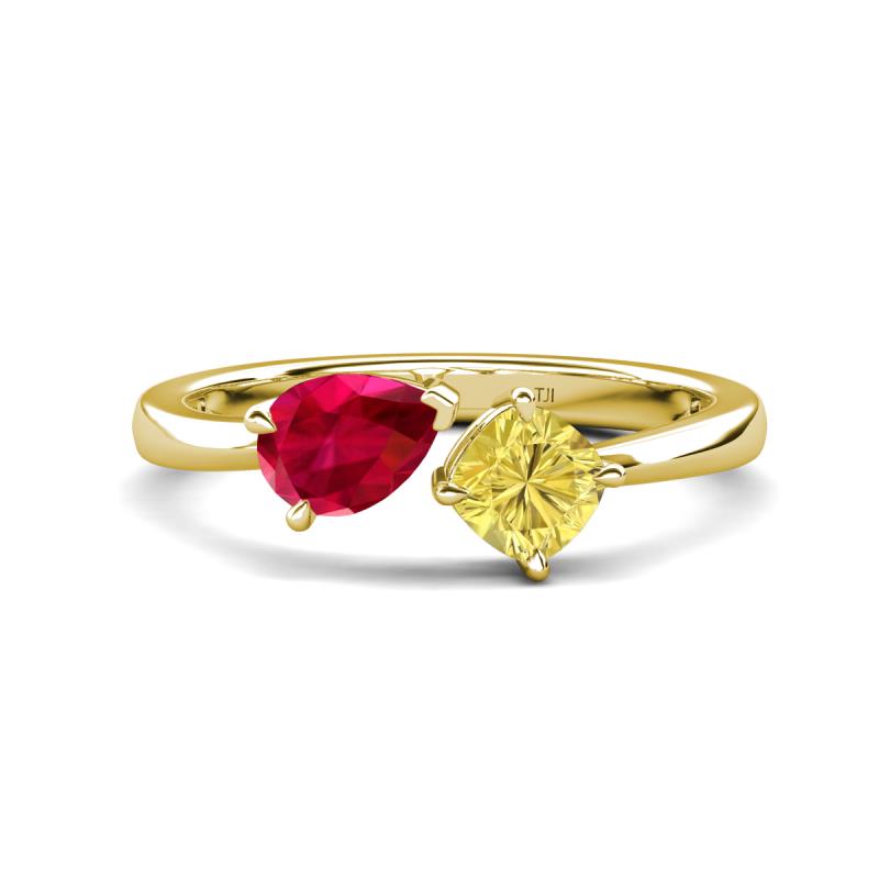 Lysha 1.76 ctw Ruby Pear Shape (7x5 mm) & Lab Created Yellow Sapphire Cushion Shape (5.00 mm) Toi Et Moi Engagement Ring 