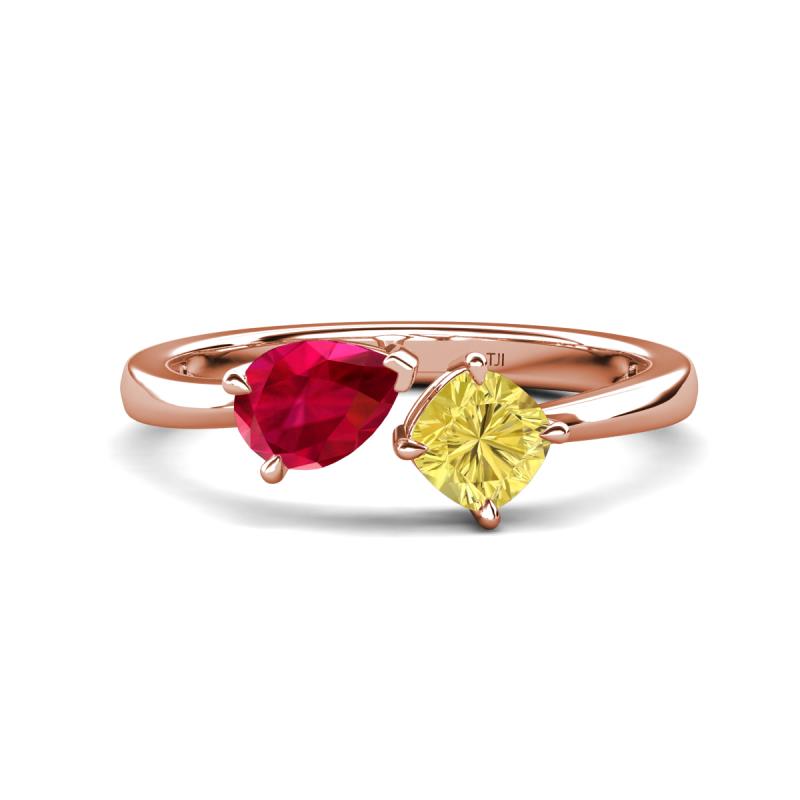 Lysha 1.76 ctw Ruby Pear Shape (7x5 mm) & Lab Created Yellow Sapphire Cushion Shape (5.00 mm) Toi Et Moi Engagement Ring 