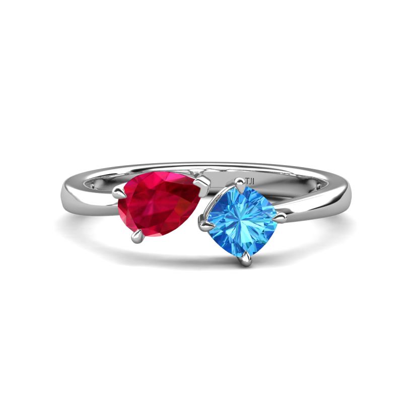 Lysha 1.70 ctw Ruby Pear Shape (7x5 mm) & Blue Topaz Cushion Shape (5.00 mm) Toi Et Moi Engagement Ring 