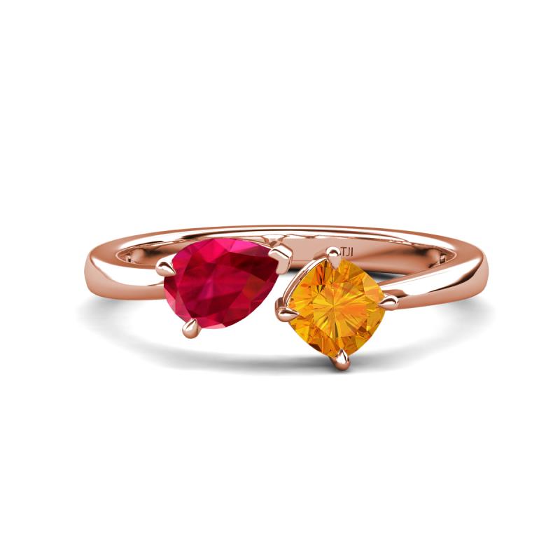 Lysha 1.45 ctw Ruby Pear Shape (7x5 mm) & Citrine Cushion Shape (5.00 mm) Toi Et Moi Engagement Ring 