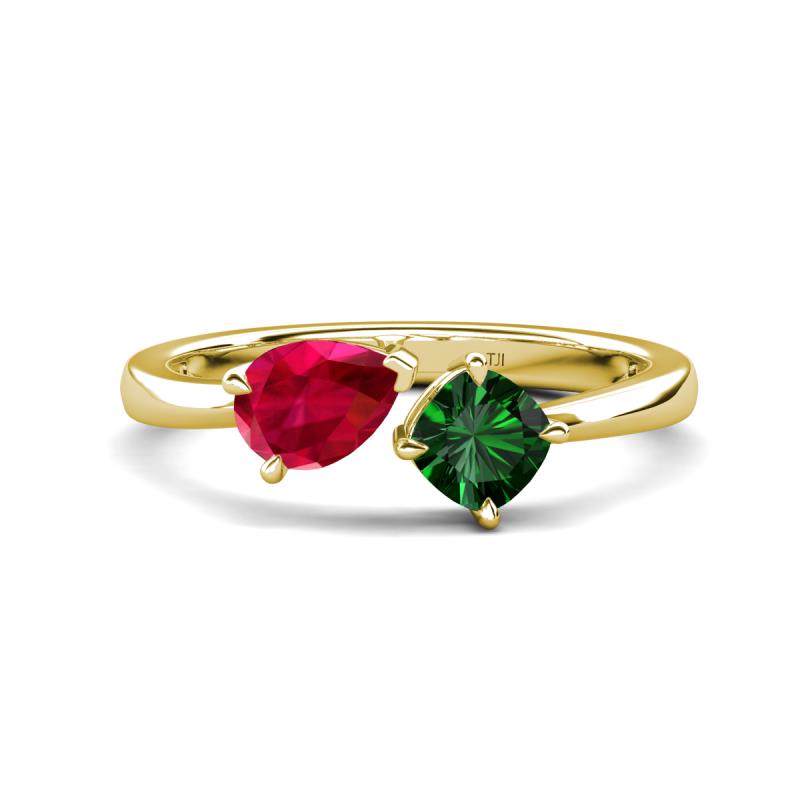Lysha 1.50 ctw Ruby Pear Shape (7x5 mm) & Lab Created Emerald Cushion Shape (5.00 mm) Toi Et Moi Engagement Ring 