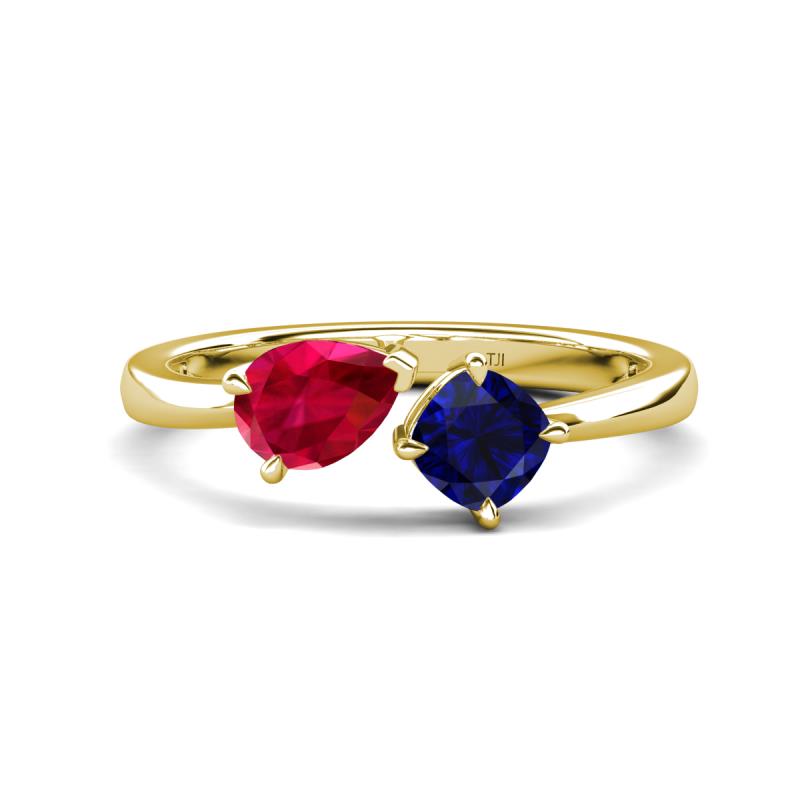 Lysha 1.76 ctw Ruby Pear Shape (7x5 mm) & Lab Created Blue Sapphire Cushion Shape (5.00 mm) Toi Et Moi Engagement Ring 
