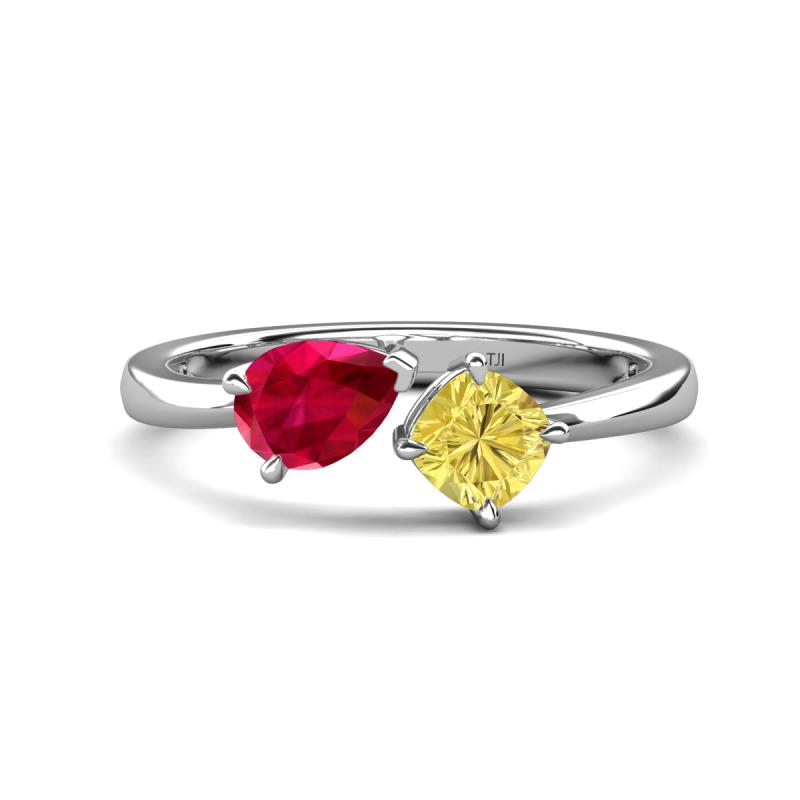Lysha 1.76 ctw Ruby Pear Shape (7x5 mm) & Lab Created Yellow Sapphire Cushion Shape (5.00 mm) Toi Et Moi Engagement Ring 