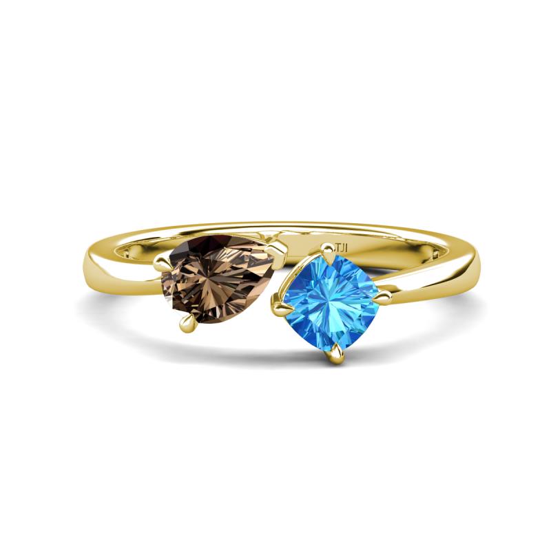 Lysha 1.40 ctw Smoky Quartz Pear Shape (7x5 mm) & Blue Topaz Cushion Shape (5.00 mm) Toi Et Moi Engagement Ring 