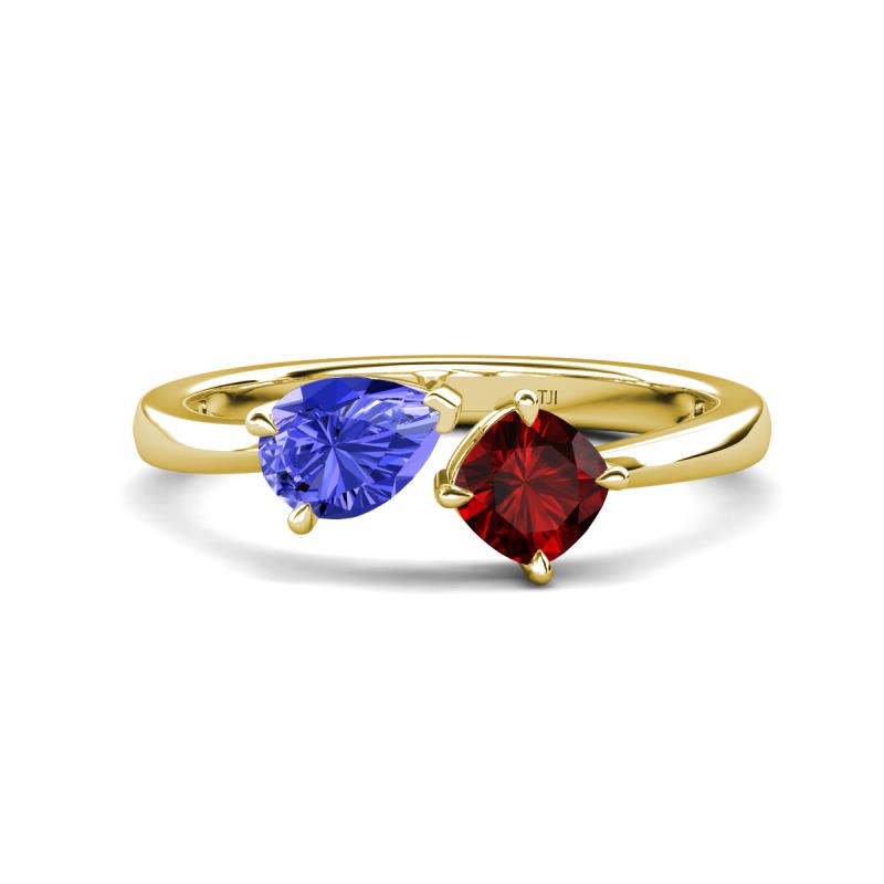 Lysha 1.50 ctw Tanzanite Pear Shape (7x5 mm) & Red Garnet Cushion Shape (5.00 mm) Toi Et Moi Engagement Ring 