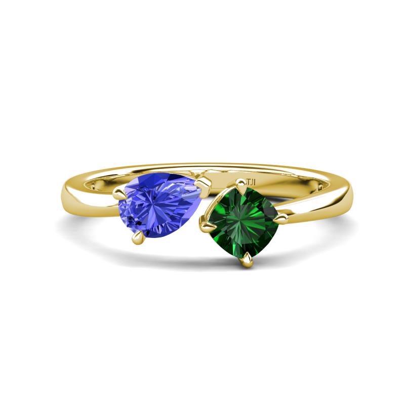Lysha 1.30 ctw Tanzanite Pear Shape (7x5 mm) & Lab Created Emerald Cushion Shape (5.00 mm) Toi Et Moi Engagement Ring 