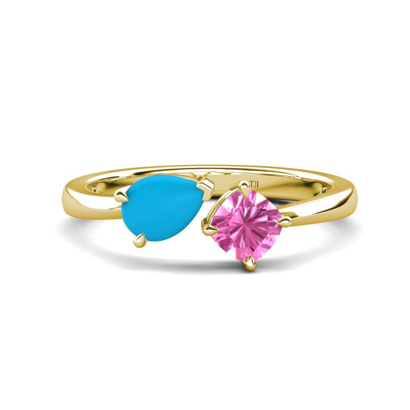 Lysha 1.16 ctw Turquoise Pear Shape (7x5 mm) & Lab Created Pink Sapphire Cushion Shape (5.00 mm) Toi Et Moi Engagement Ring 