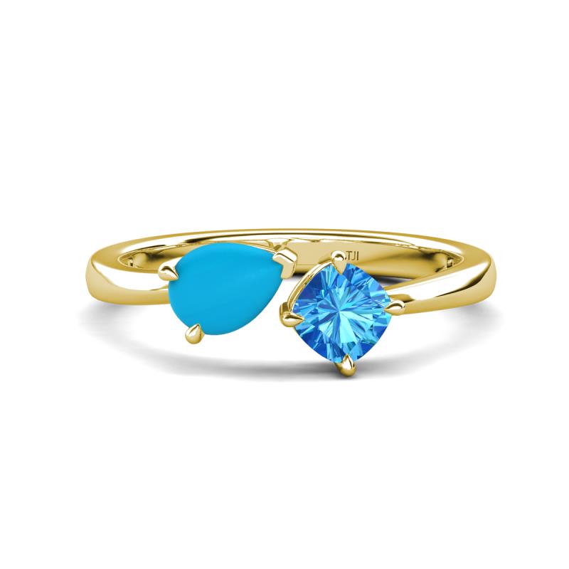 Lysha 1.10 ctw Turquoise Pear Shape (7x5 mm) & Blue Topaz Cushion Shape (5.00 mm) Toi Et Moi Engagement Ring 