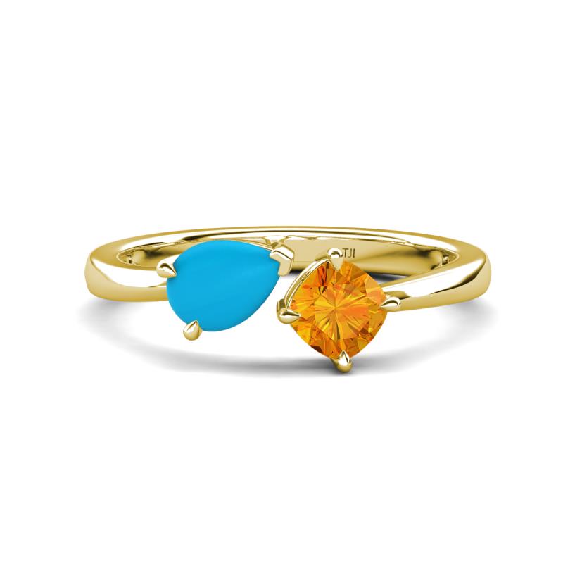 Lysha 0.85 ctw Turquoise Pear Shape (7x5 mm) & Citrine Cushion Shape (5.00 mm) Toi Et Moi Engagement Ring 