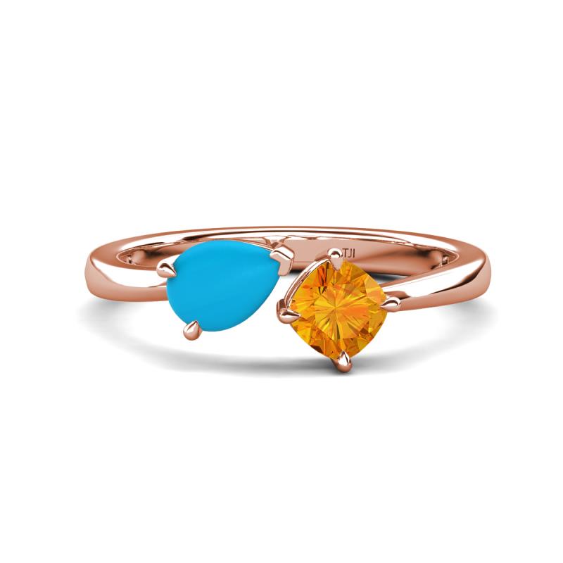 Lysha 0.85 ctw Turquoise Pear Shape (7x5 mm) & Citrine Cushion Shape (5.00 mm) Toi Et Moi Engagement Ring 