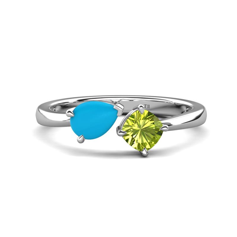 Lysha 1.00 ctw Turquoise Pear Shape (7x5 mm) & Peridot Cushion Shape (5.00 mm) Toi Et Moi Engagement Ring 