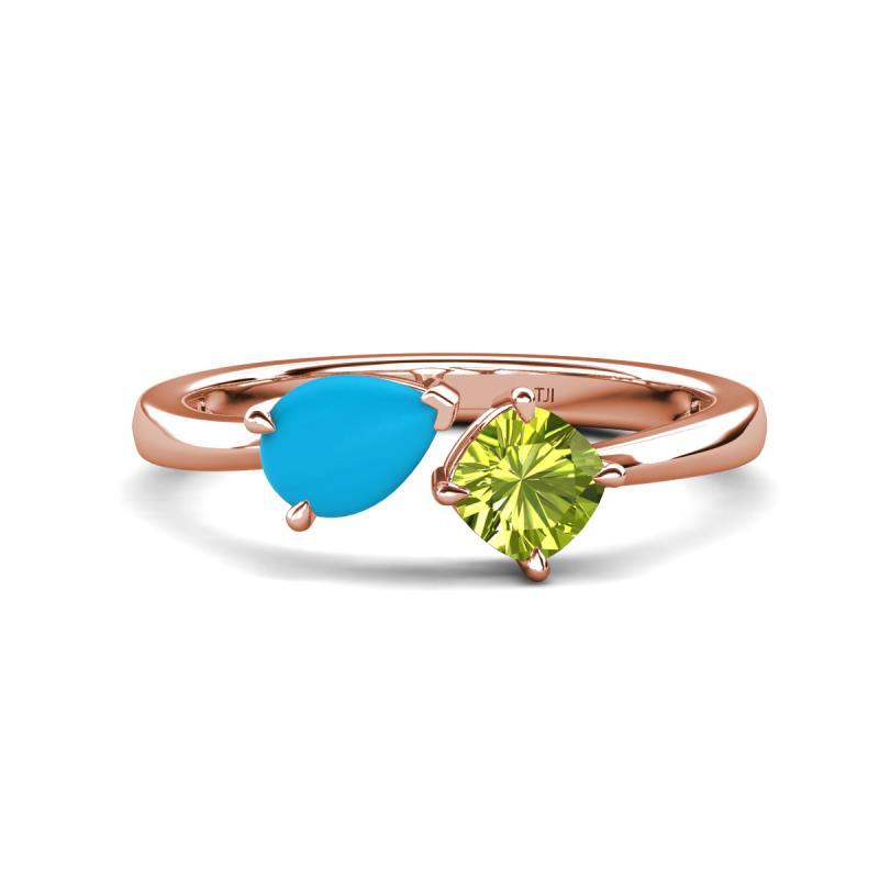 Lysha 1.00 ctw Turquoise Pear Shape (7x5 mm) & Peridot Cushion Shape (5.00 mm) Toi Et Moi Engagement Ring 