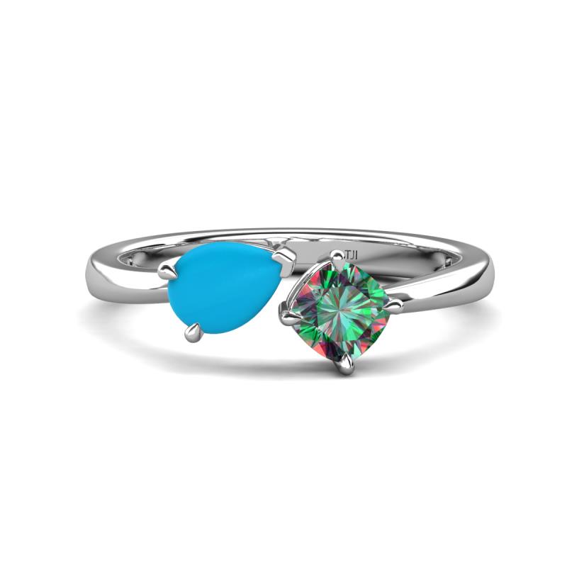 Lysha 1.16 ctw Turquoise Pear Shape (7x5 mm) & Lab Created Alexandrite Cushion Shape (5.00 mm) Toi Et Moi Engagement Ring 