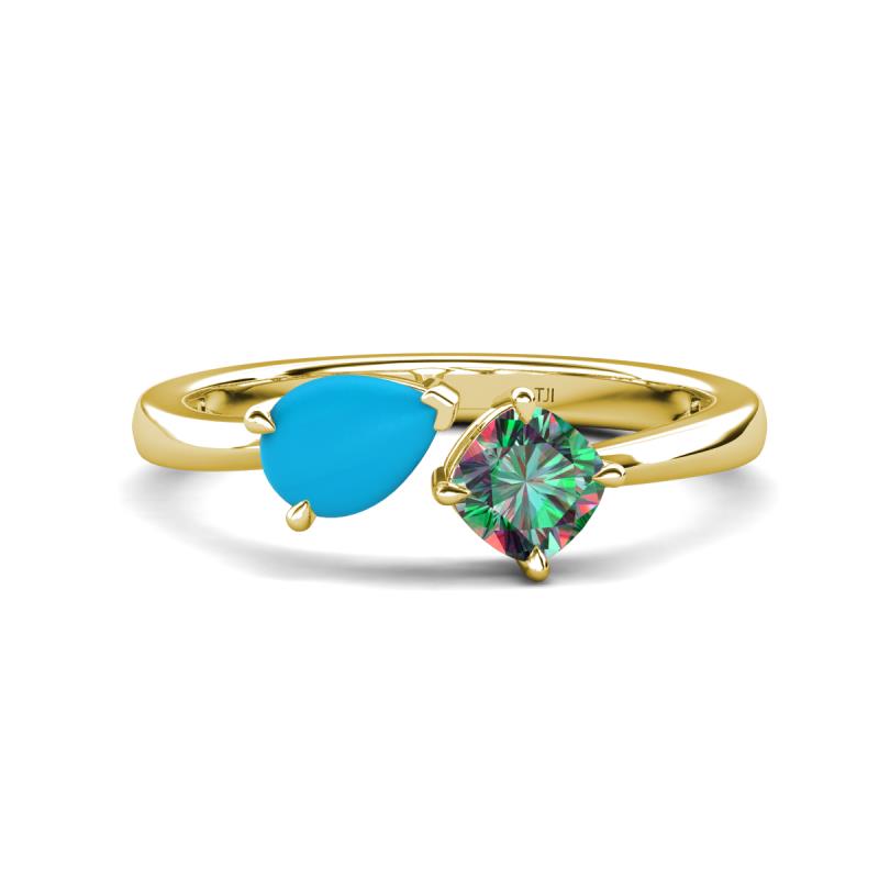 Lysha 1.16 ctw Turquoise Pear Shape (7x5 mm) & Lab Created Alexandrite Cushion Shape (5.00 mm) Toi Et Moi Engagement Ring 