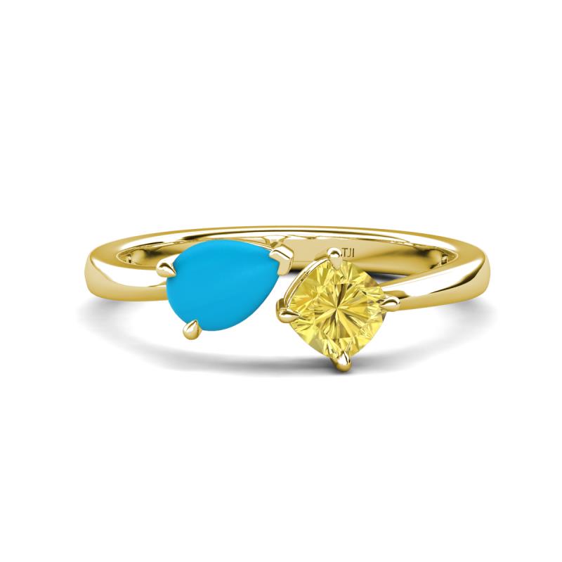 Lysha 1.16 ctw Turquoise Pear Shape (7x5 mm) & Lab Created Yellow Sapphire Cushion Shape (5.00 mm) Toi Et Moi Engagement Ring 
