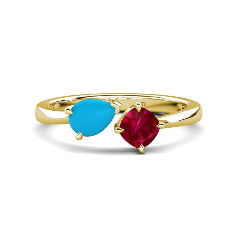 Lysha 1.16 ctw Turquoise Pear Shape (7x5 mm) & Lab Created Ruby Cushion Shape (5.00 mm) Toi Et Moi Engagement Ring 