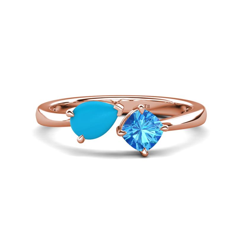Lysha 1.10 ctw Turquoise Pear Shape (7x5 mm) & Blue Topaz Cushion Shape (5.00 mm) Toi Et Moi Engagement Ring 