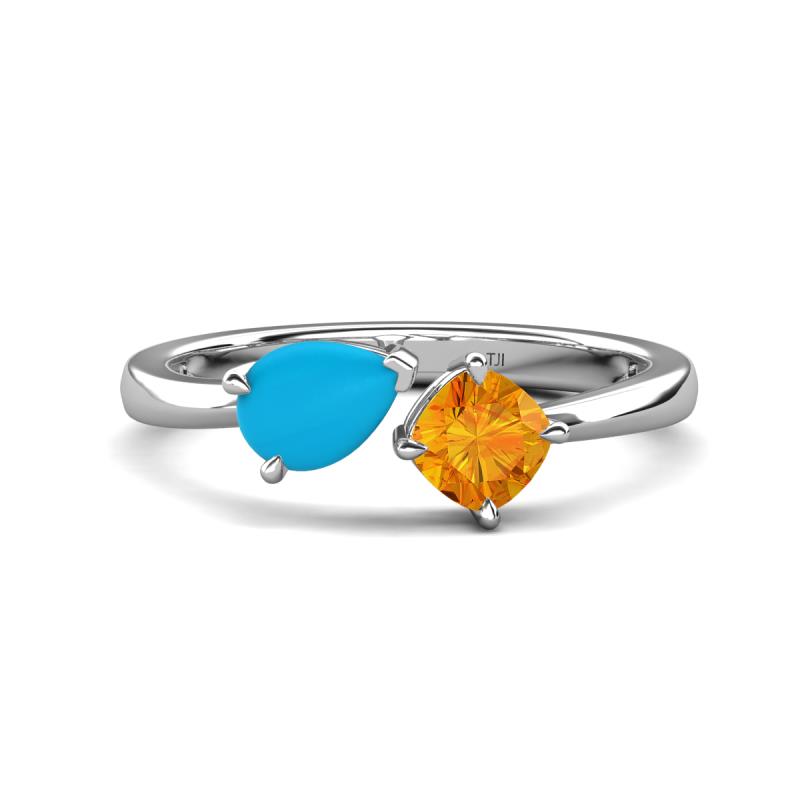 Lysha 0.85 ctw Turquoise Pear Shape (7x5 mm) & Citrine Cushion Shape (5.00 mm) Toi Et Moi Engagement Ring 